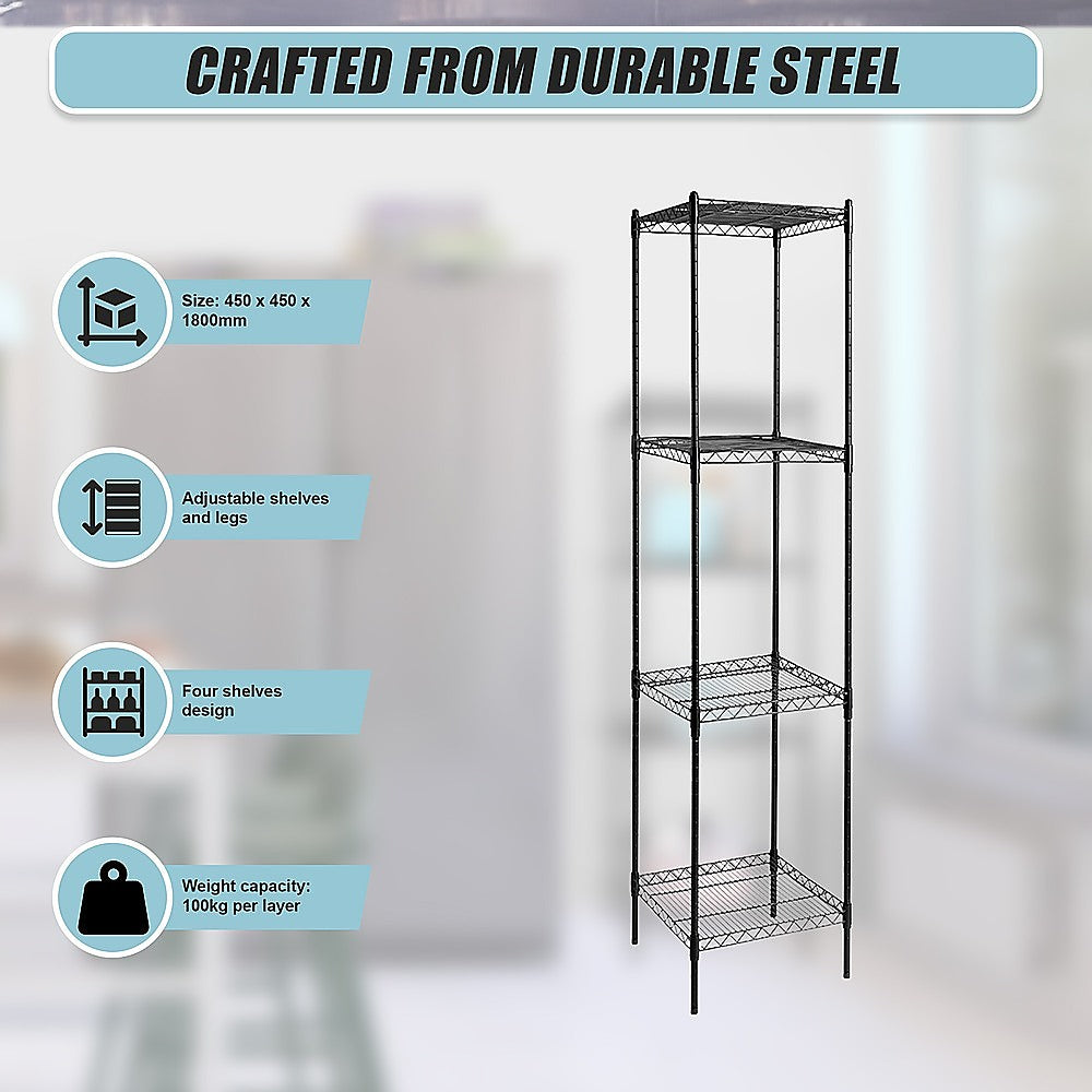 Black four-tier wire shelving unit with open wire shelves and stabilizing legs.