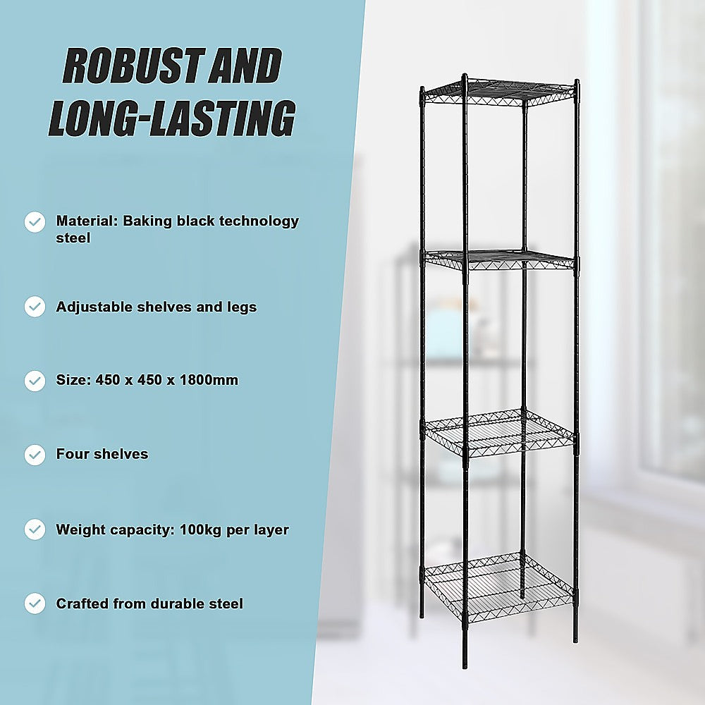 Black tall four-shelf wire storage rack with open frame and cylindrical legs.