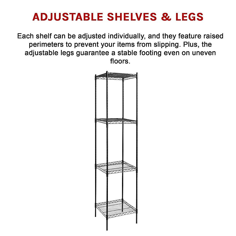 Black four-tier wire shelving rack with open wire shelves and slender legs.
