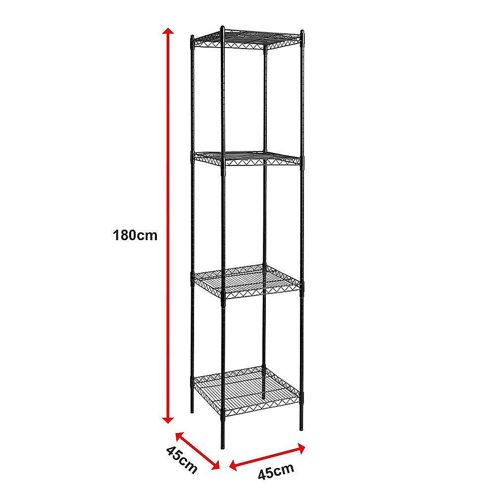 Black steel wire shelving unit with fixed legs, 4 tiers, 45x45 cm footprint