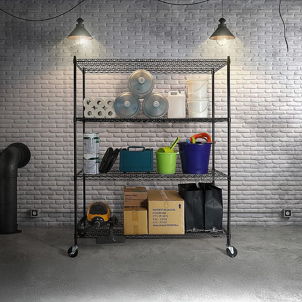 Modular Wire Storage 150x35cm Steel Shelving Black With Wheels For Garage Warehouse Or Kitchen Organisation Bedworld