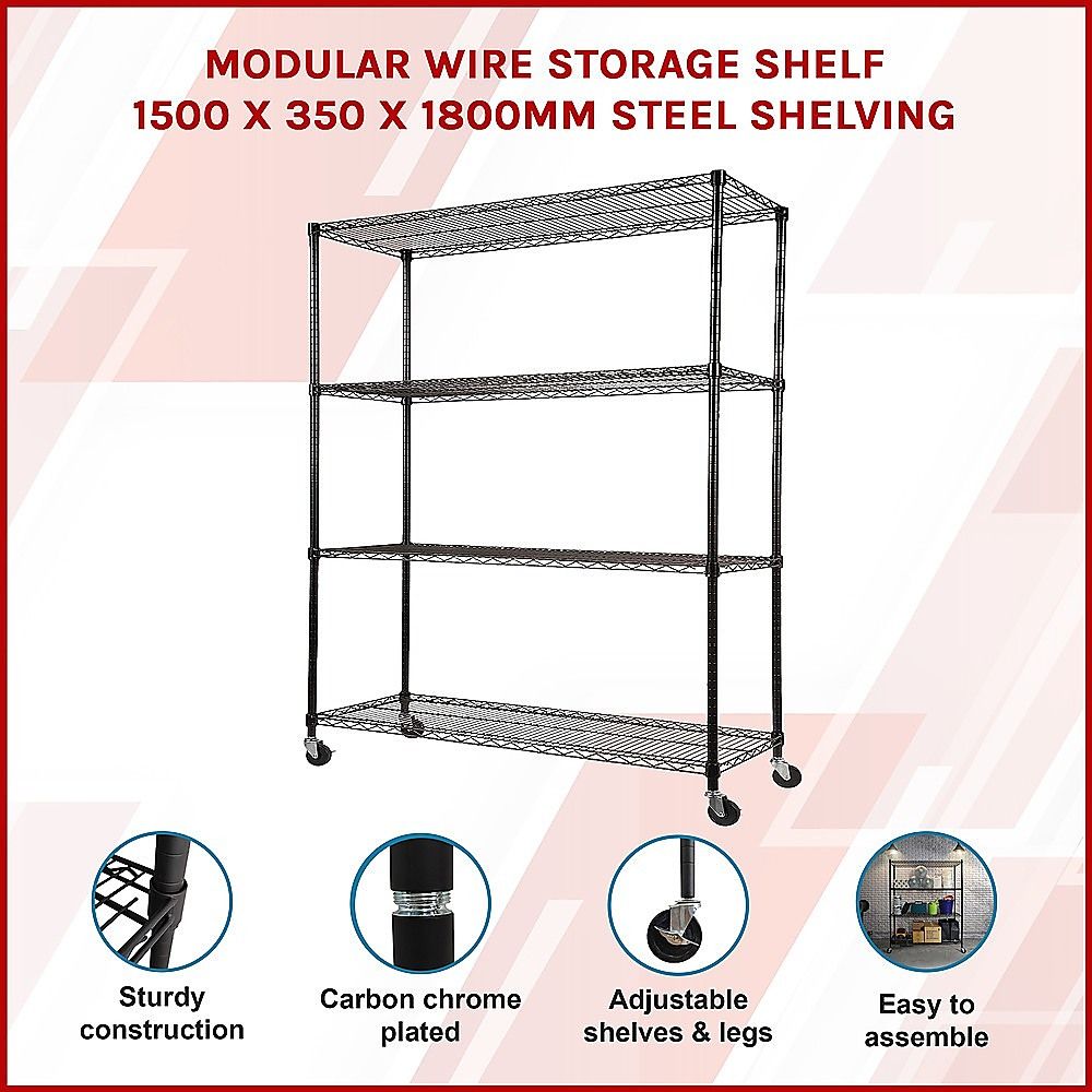 Modular Wire Storage 150x35cm Steel Shelving Black With Wheels For Garage Warehouse Or Kitchen Organisation Bedworld