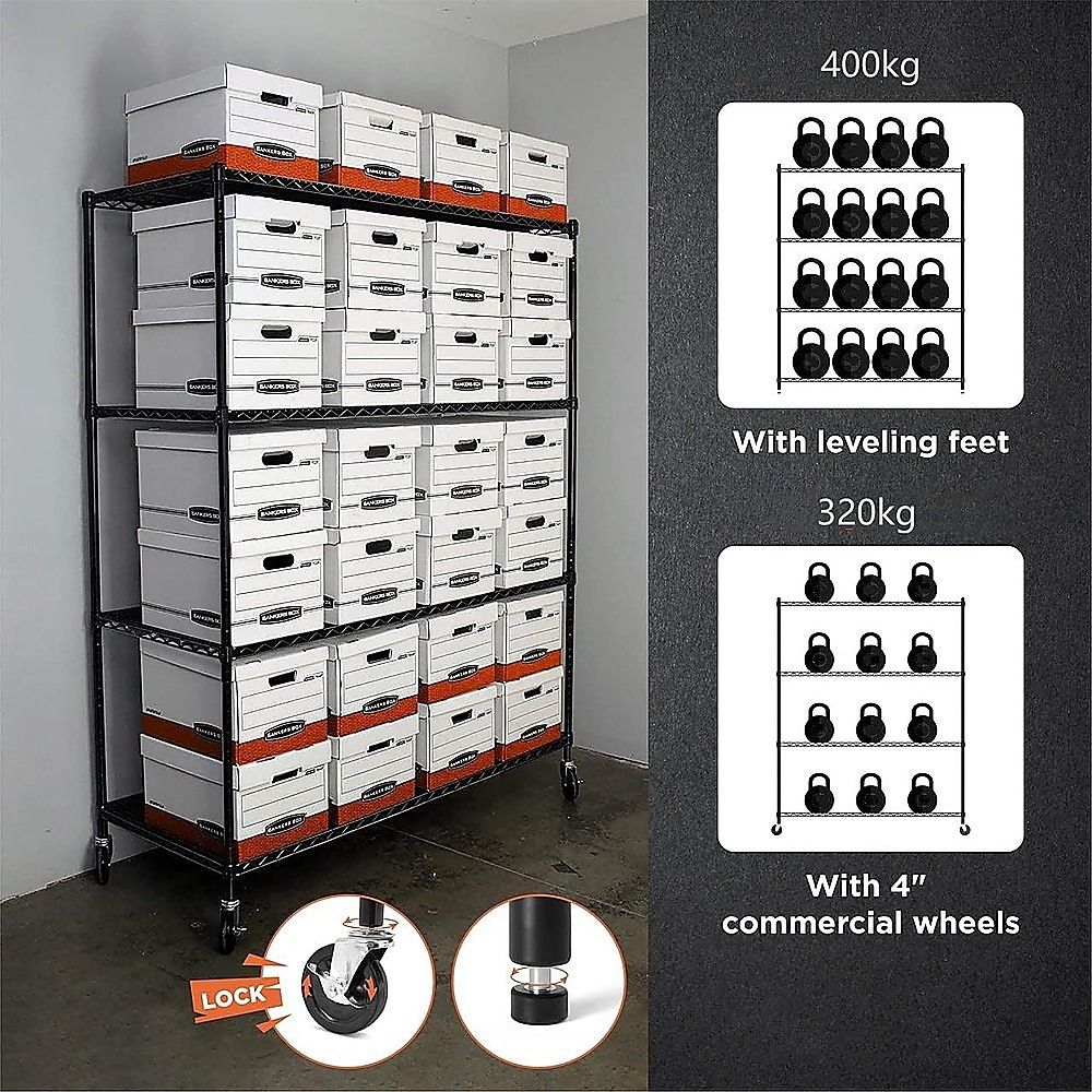 Modular Wire Storage 150x35cm Steel Shelving Black With Wheels For Garage Warehouse Or Kitchen Organisation Bedworld