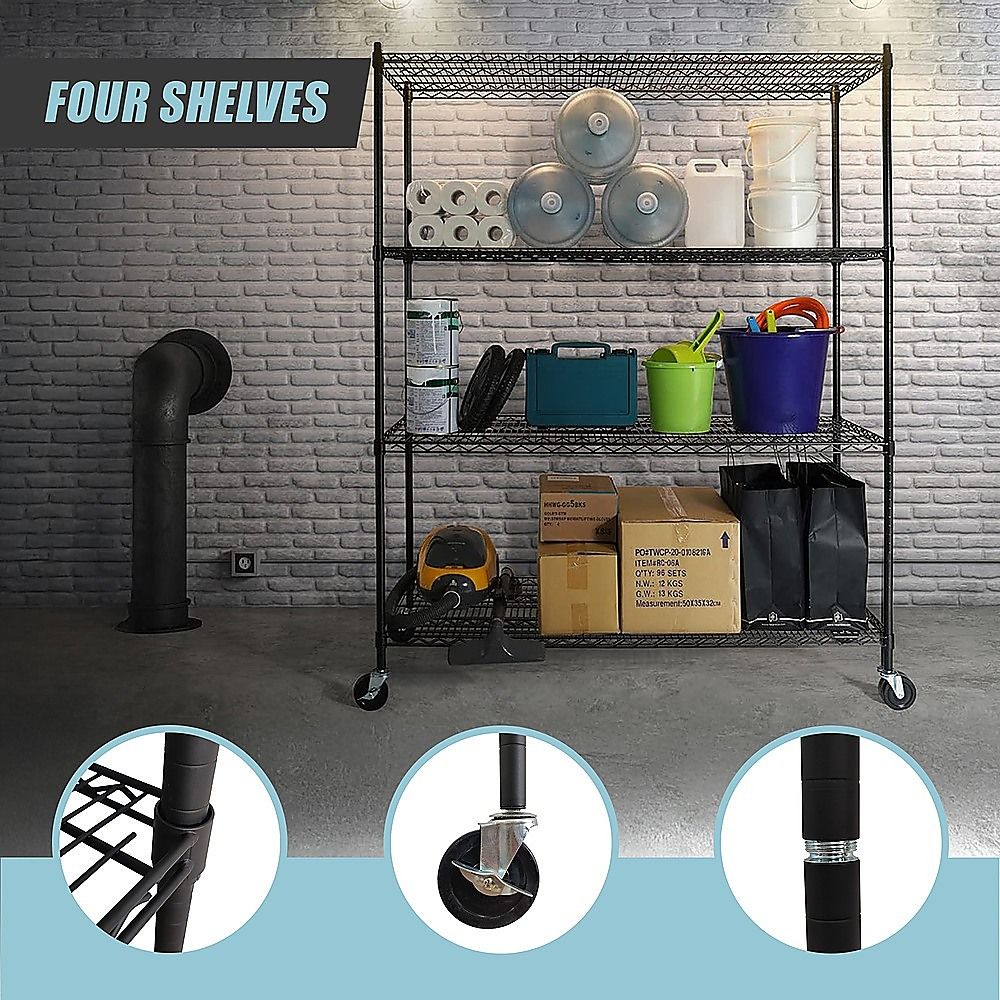 Modular Wire Storage 150x35cm Steel Shelving Black With Wheels For Garage Warehouse Or Kitchen Organisation Bedworld