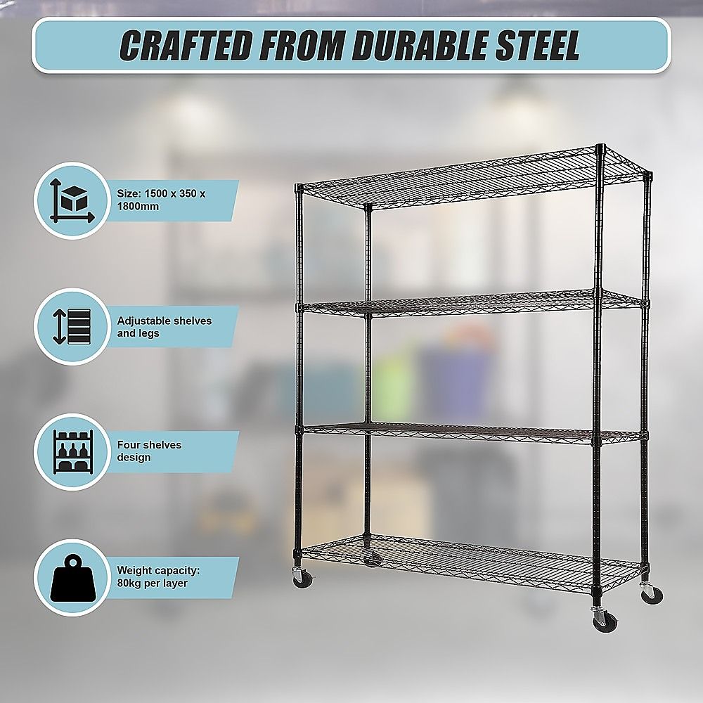 Modular Wire Storage 150x35cm Steel Shelving Black With Wheels For Garage Warehouse Or Kitchen Organisation Bedworld