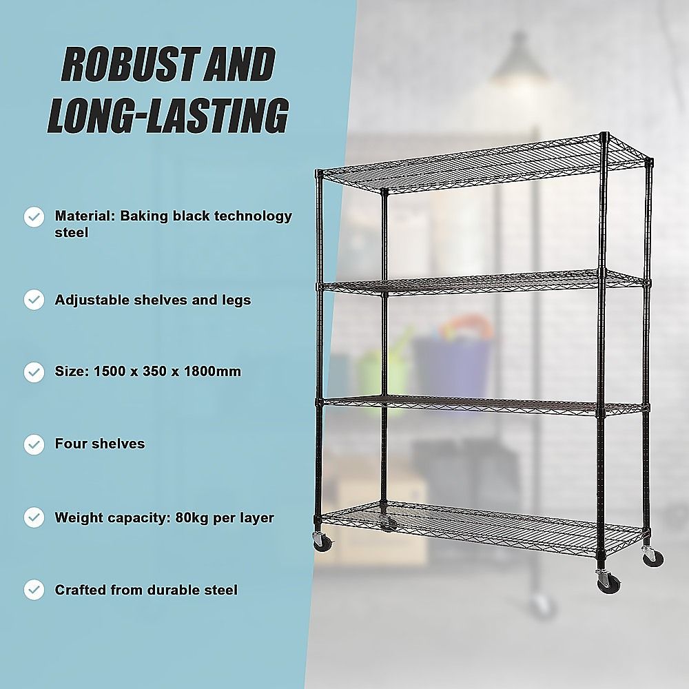 Modular Wire Storage 150x35cm Steel Shelving Black With Wheels For Garage Warehouse Or Kitchen Organisation Bedworld