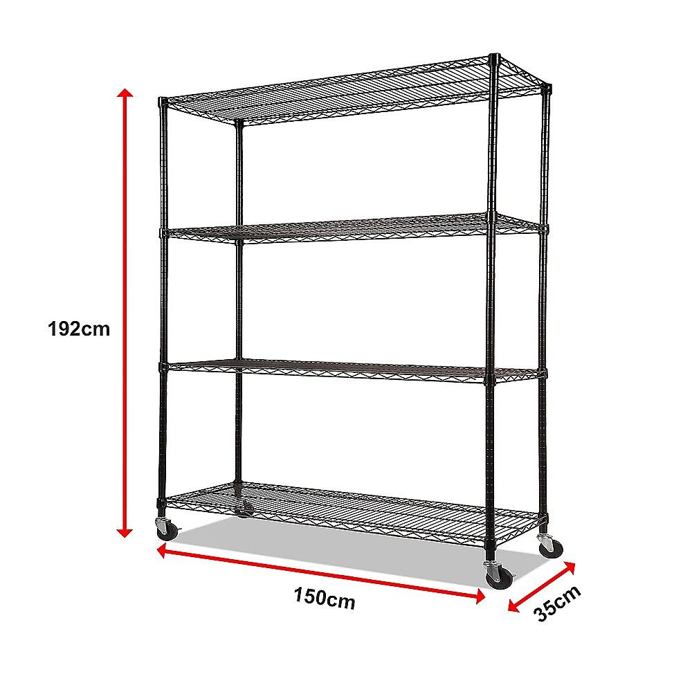 Modular Wire Storage 150x35cm Steel Shelving Black With Wheels For Garage Warehouse Or Kitchen Organisation Bedworld