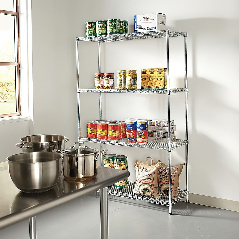 Chrome wire shelving rack with three shelves filled with kitchen items