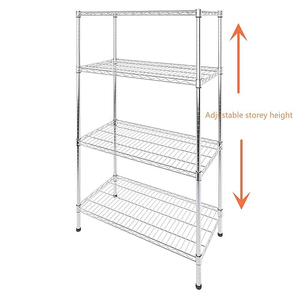 Chrome wire shelving unit showing adjustable height arrows on legs