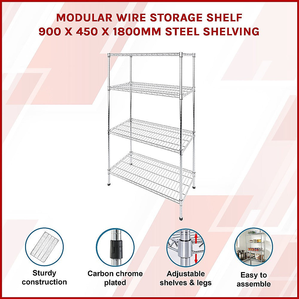 Chrome wire shelving unit with three adjustable tiers and fixed legs