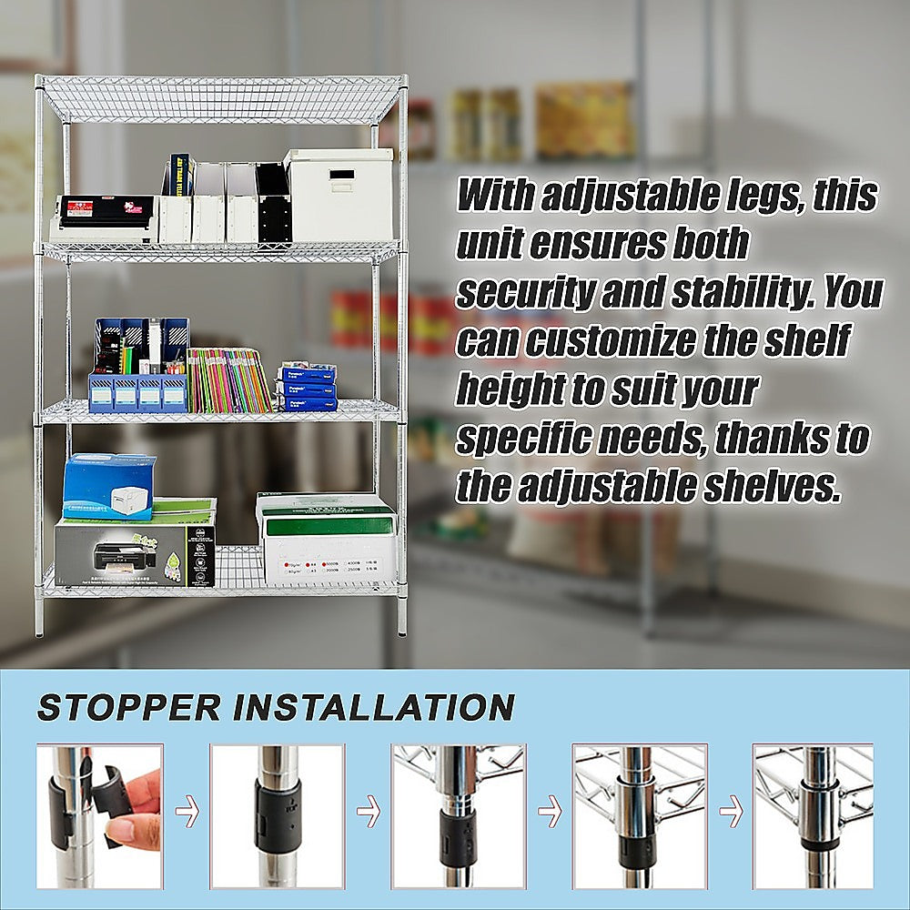 Wire shelving with adjustable legs and stopper detail for secure assembly