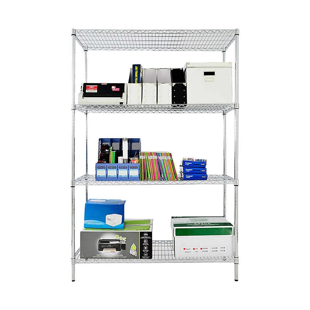 Chrome wire shelving unit with three tiers holding storage boxes and organizers