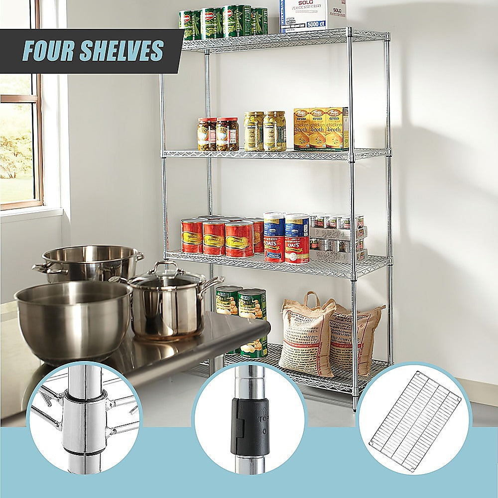 Chrome wire shelving rack with four tiers and fixed legs