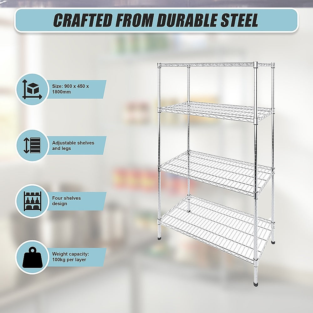 Chrome metal wire storage shelf rack with four adjustable shelves and legs
