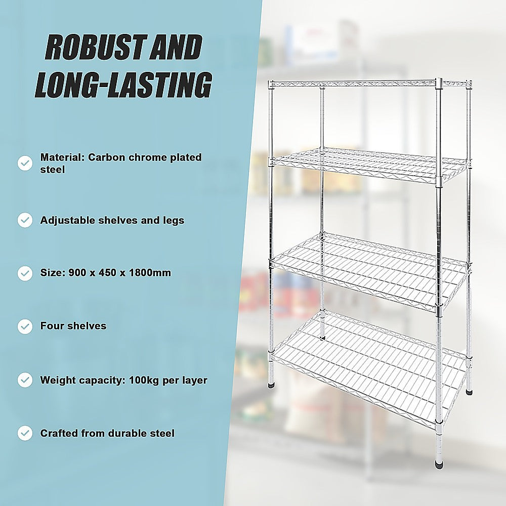 Chrome wire storage rack with four shelves, adjustable shelves, and steel frame