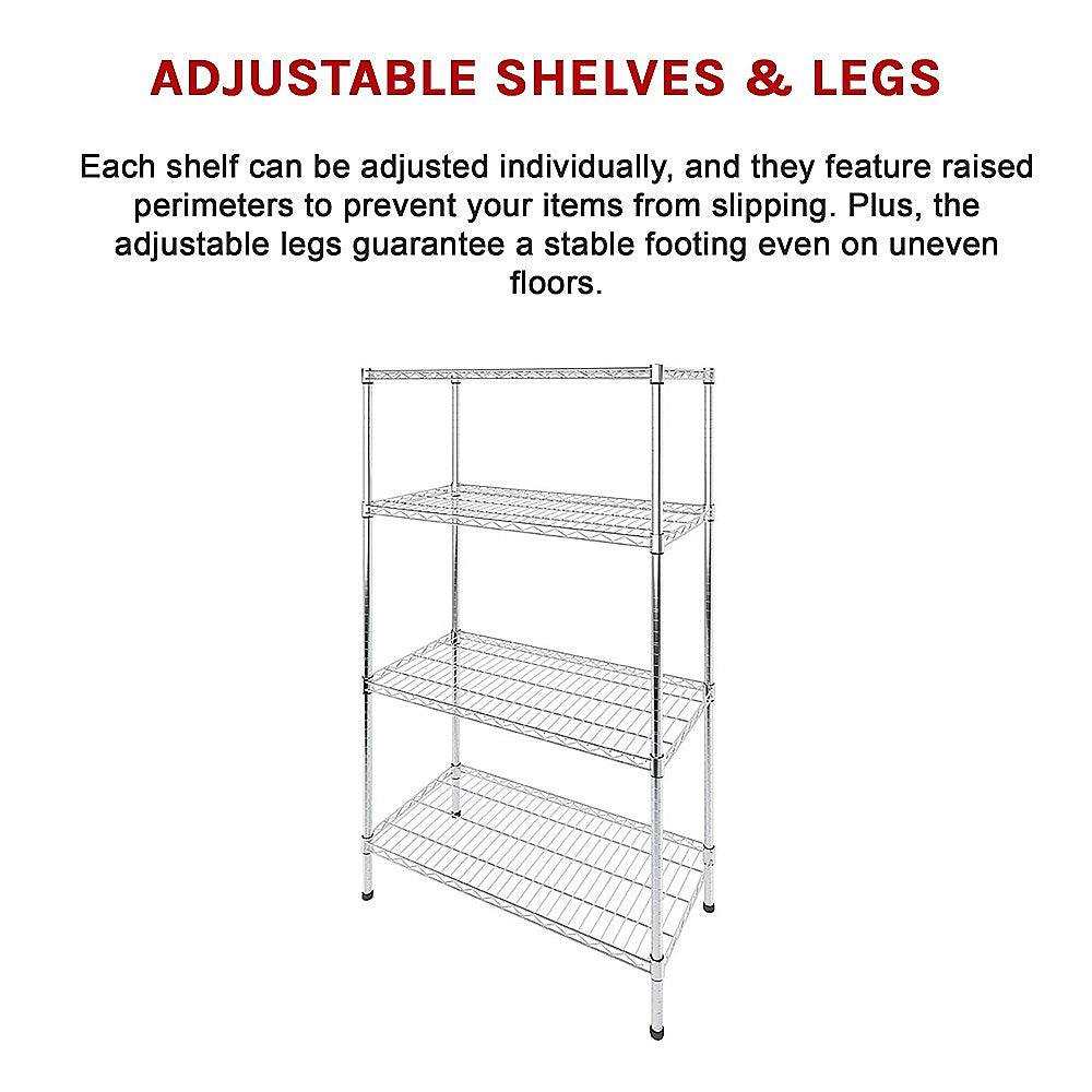 Chrome wire storage rack with adjustable shelves and stable legs