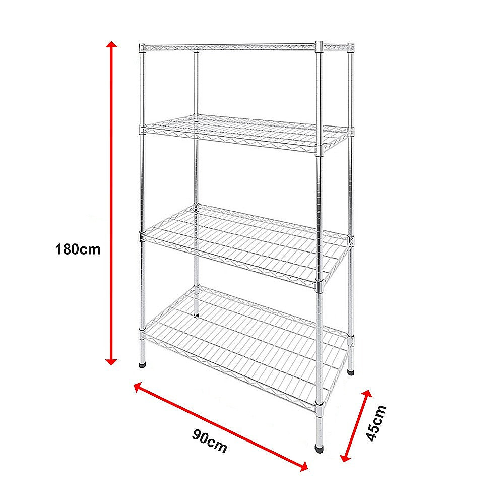 Chrome wire shelving dimensions 90cm by 45cm by 180cm, four-shelf rack