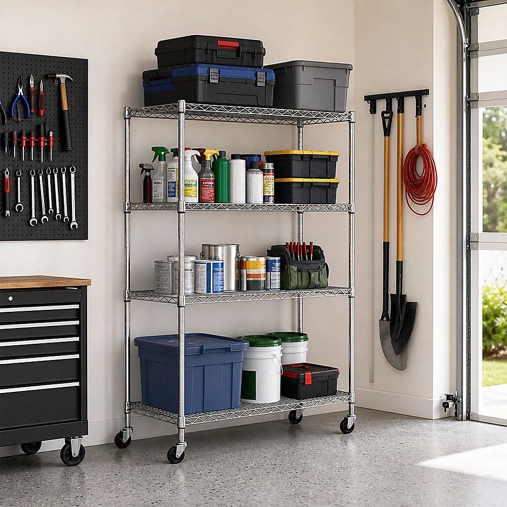 Modular Wire Storage 90x45cm Steel Shelving Chrome With Wheels For Garage Warehouse Or Kitchen Organisation