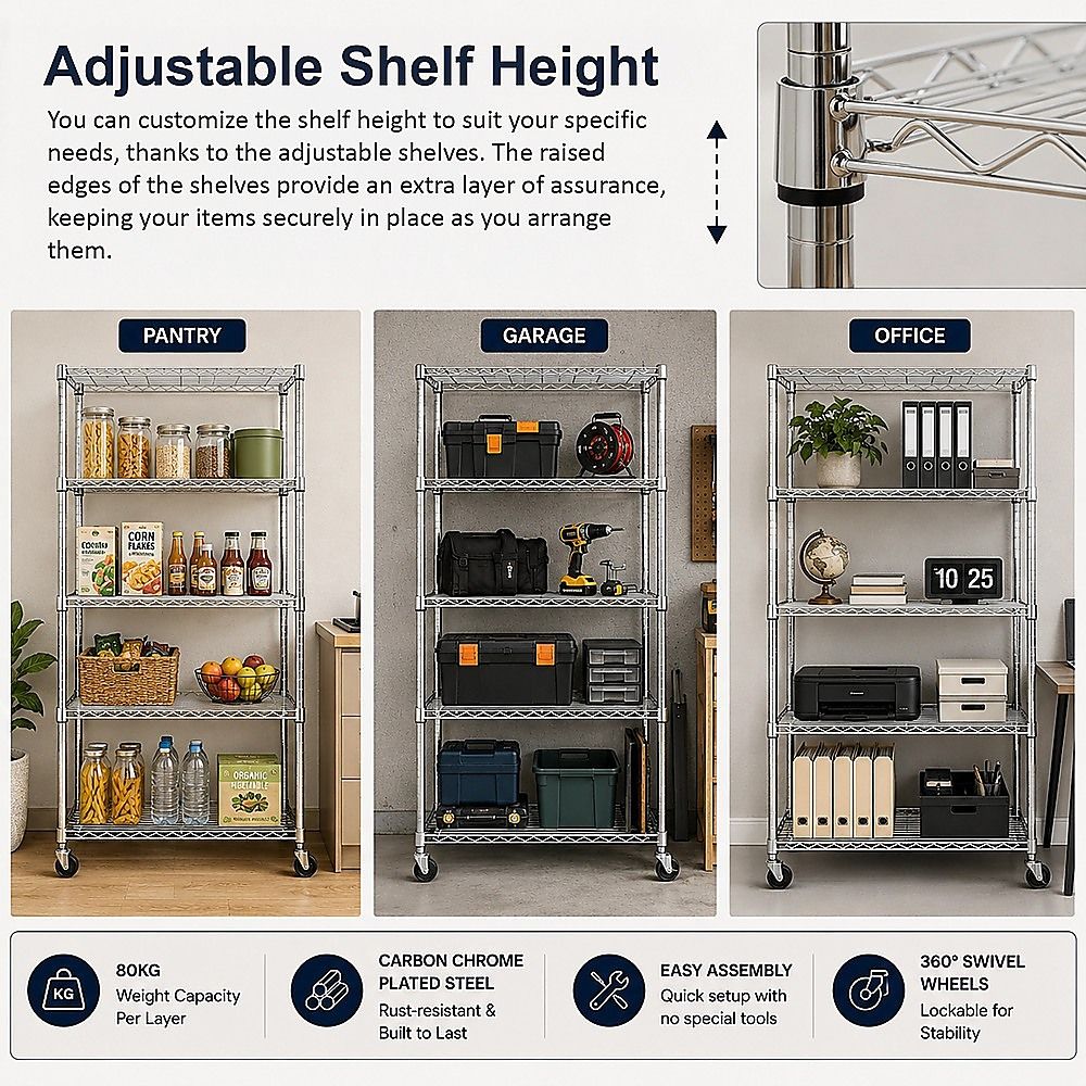 Modular Wire Storage 90x45cm Steel Shelving Chrome With Wheels For Garage Warehouse Or Kitchen Organisation