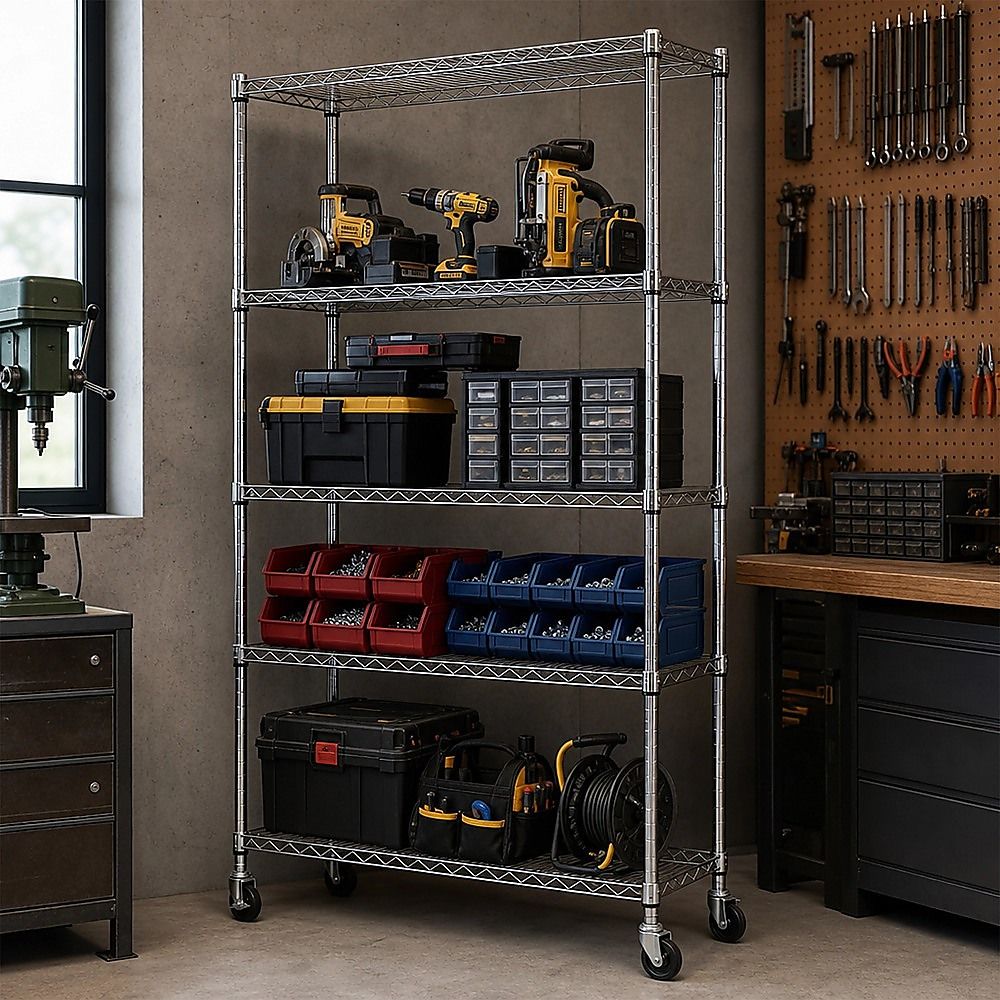 Modular Wire Storage 90x45cm Steel Shelving Chrome With Wheels For Garage Warehouse Or Kitchen Organisation