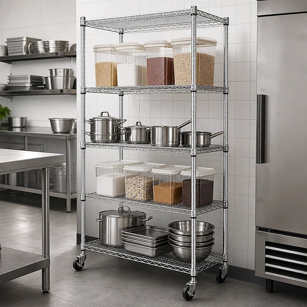 Modular Wire Storage 90x45cm Steel Shelving Chrome With Wheels For Garage Warehouse Or Kitchen Organisation