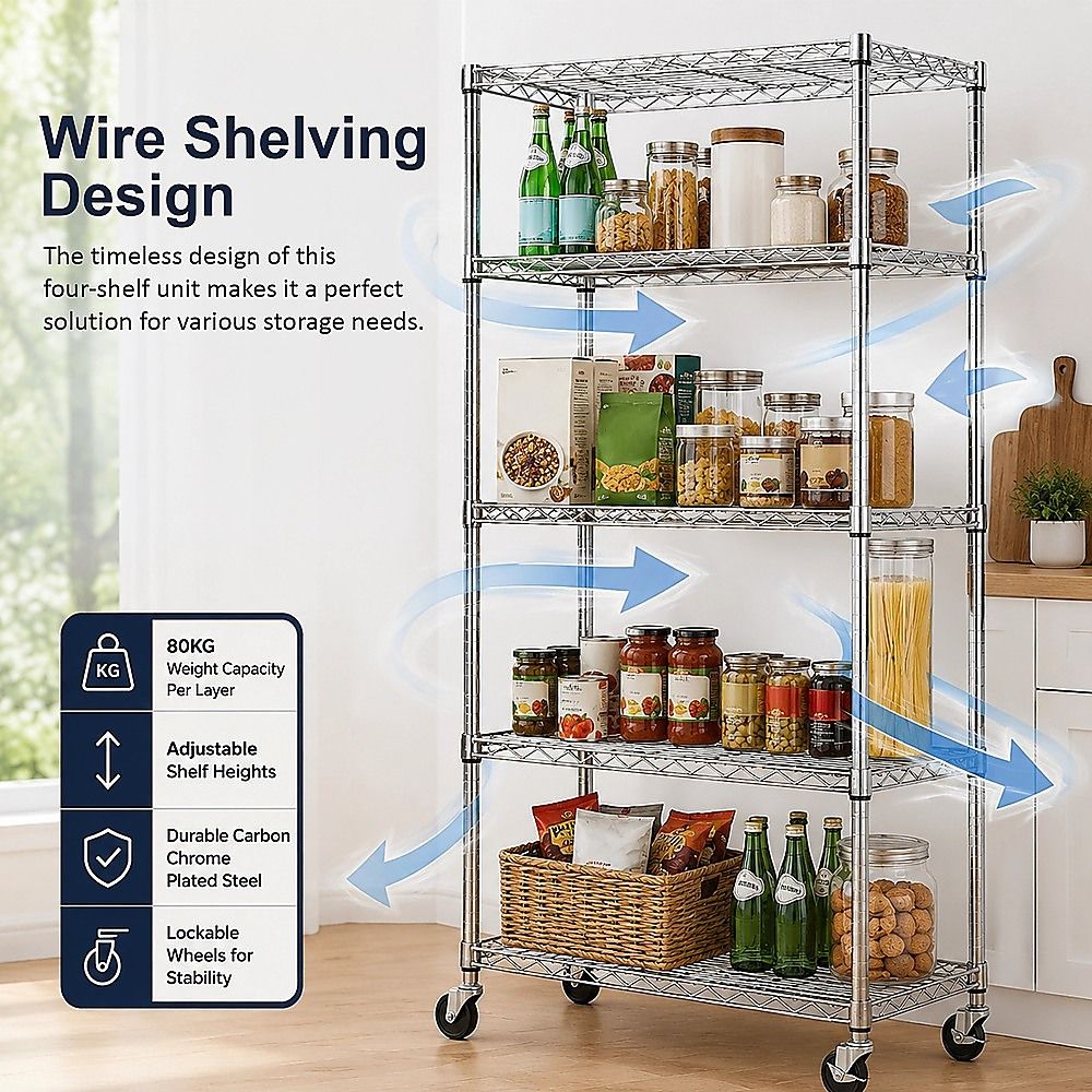 Modular Wire Storage 90x45cm Steel Shelving Chrome With Wheels For Garage Warehouse Or Kitchen Organisation