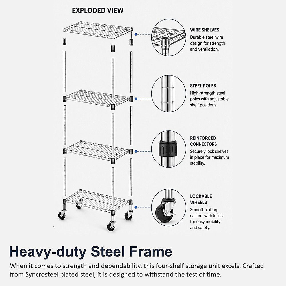 Modular Wire Storage 90x45cm Steel Shelving Chrome With Wheels For Garage Warehouse Or Kitchen Organisation