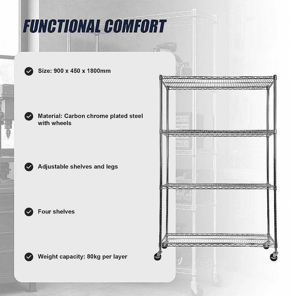 Modular Wire Storage 90x45cm Steel Shelving Chrome With Wheels For Garage Warehouse Or Kitchen Organisation
