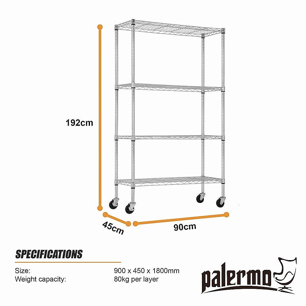 Modular Wire Storage 90x45cm Steel Shelving Chrome With Wheels For Garage Warehouse Or Kitchen Organisation