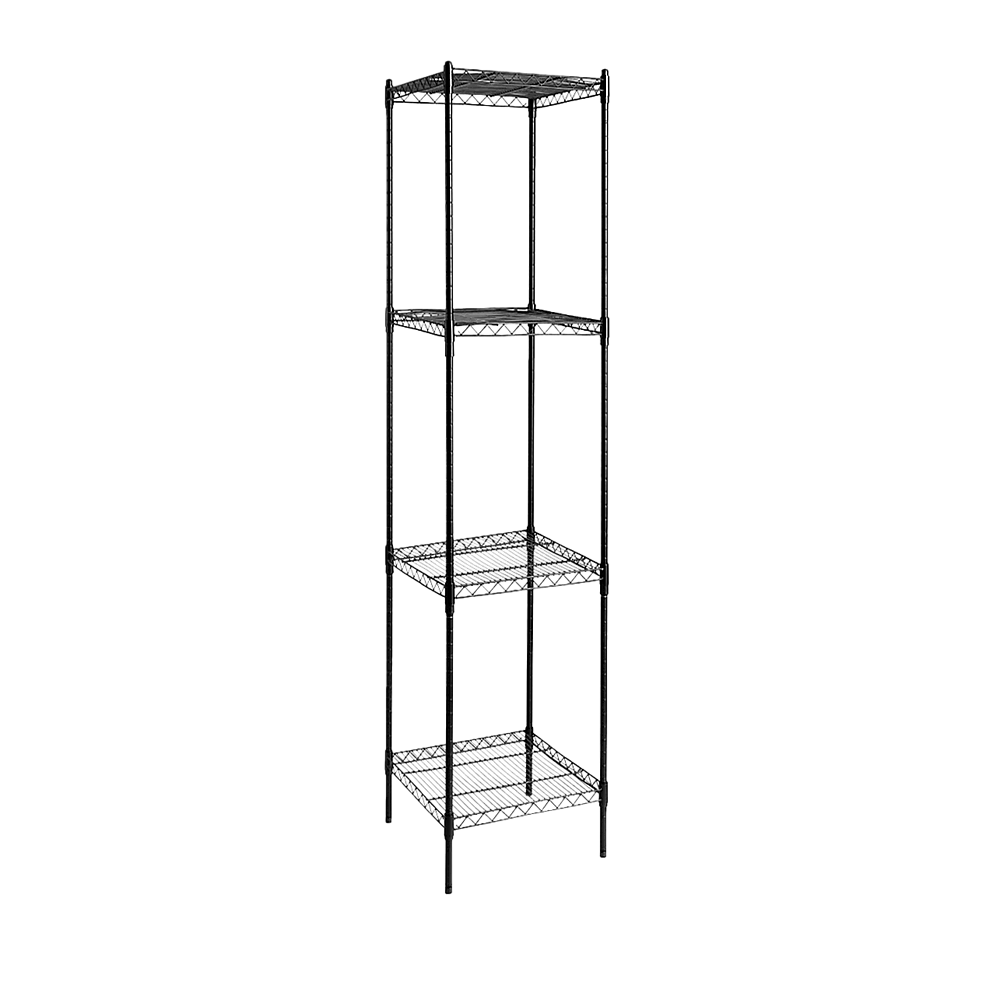 Black steel wire shelving unit with four shelves and fixed legs, 35x35cm