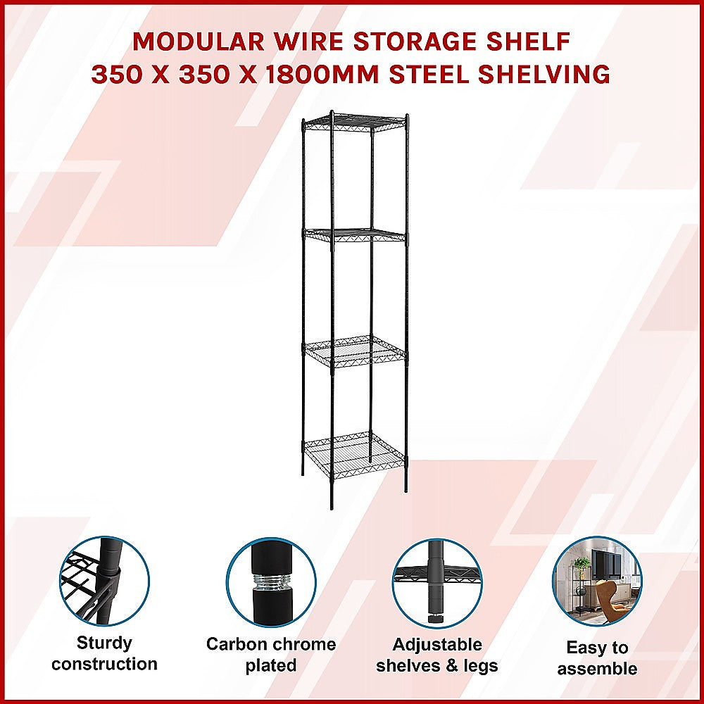 Black modular steel wire storage shelving with four shelves and fixed legs