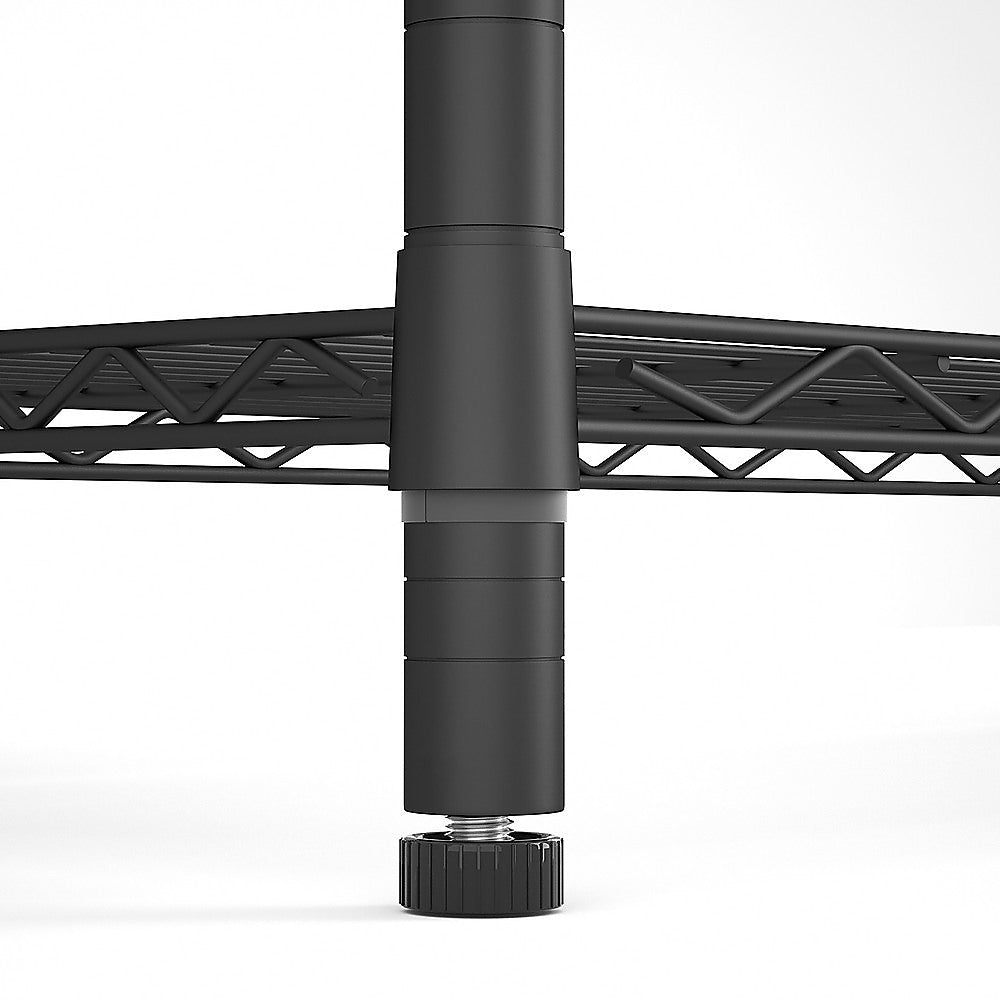 Black steel shelving leg with adjustable foot base on four-shelf frame