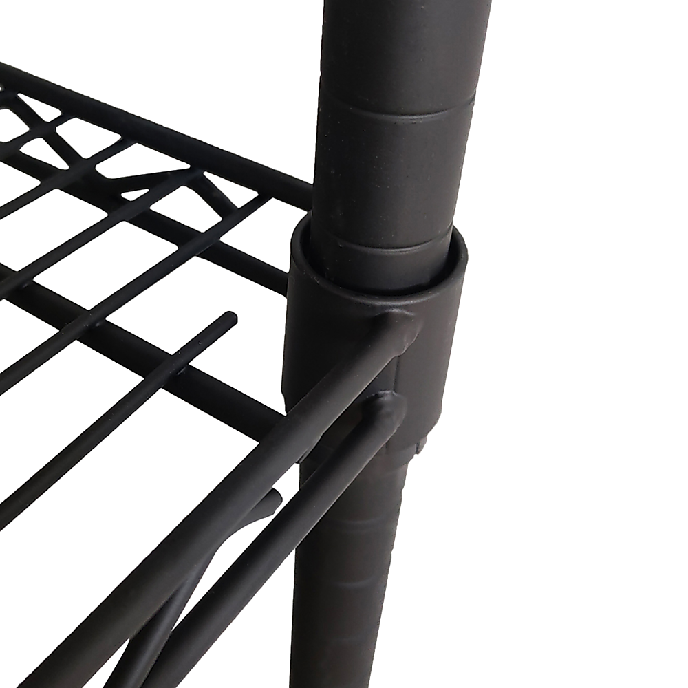Black wire shelf corner support bar and leg connection detail