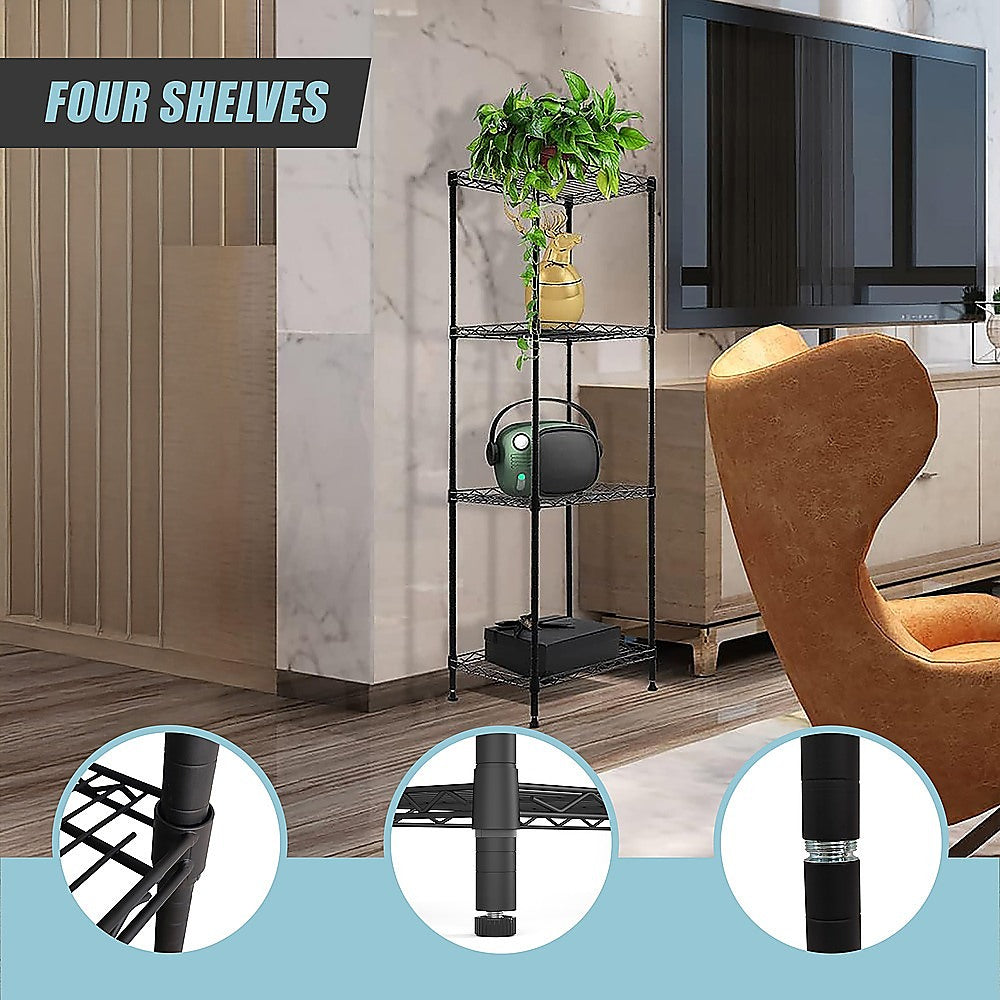 Black steel wire shelving unit with four shelves and accessory storage