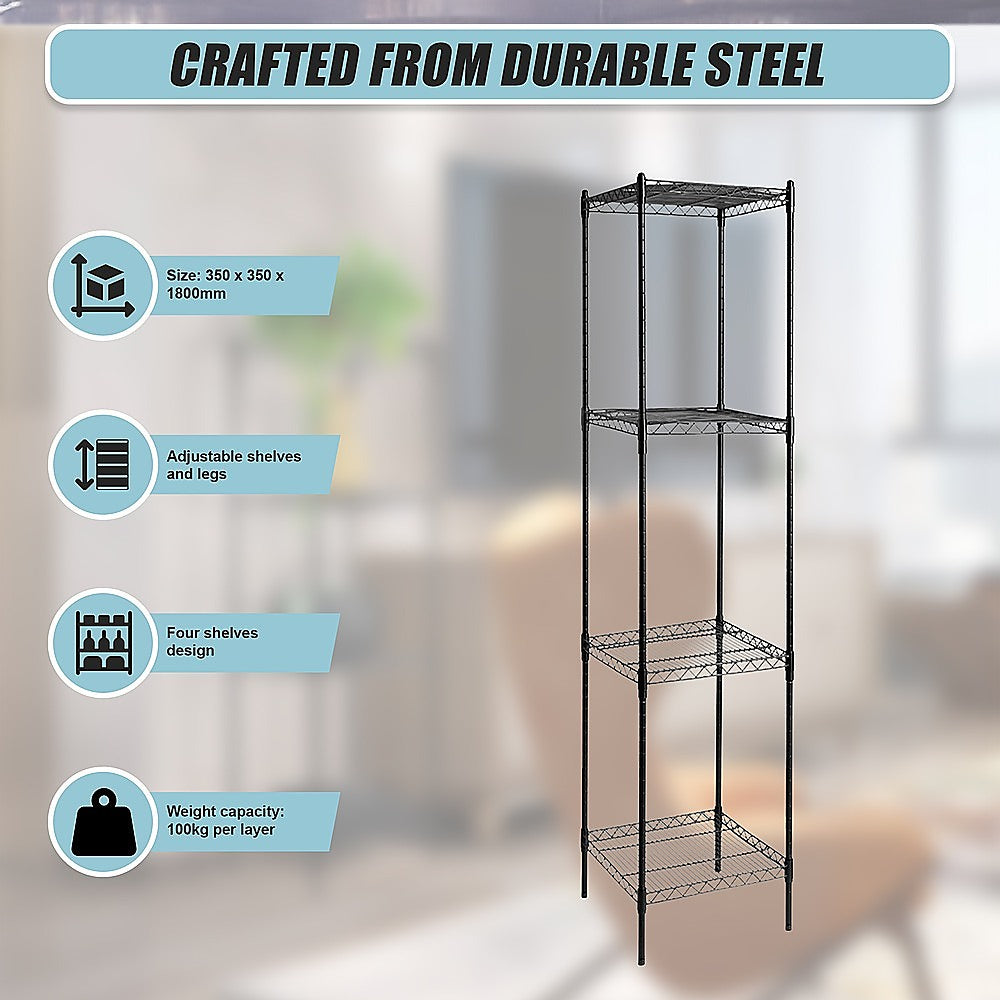 Four-shelf black steel wire storage rack with adjustable shelves and legs