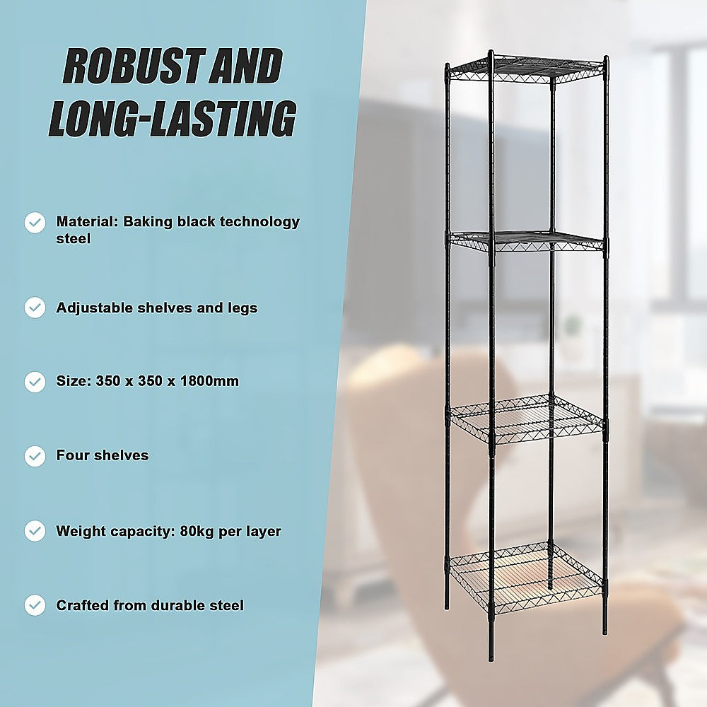 Black four-tier steel wire shelving rack with adjustable shelves and legs