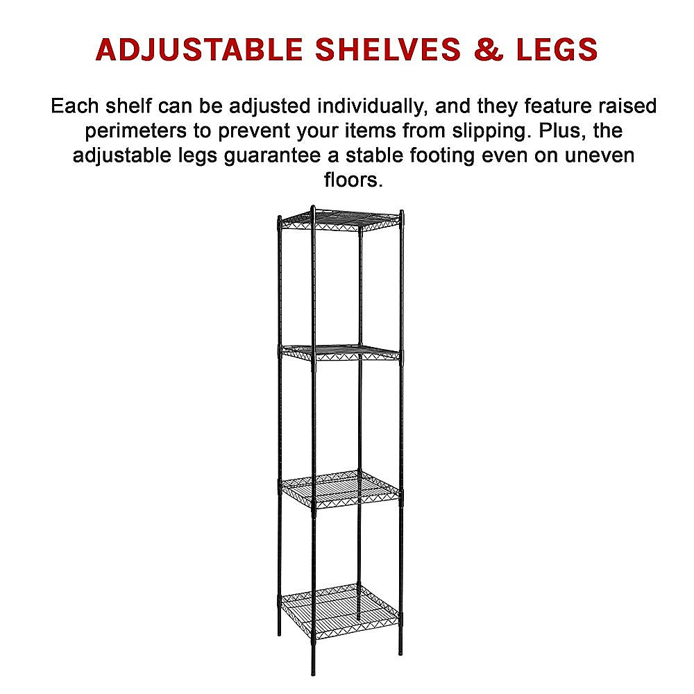 Black wire shelving rack with fixed legs, three adjustable wire shelves