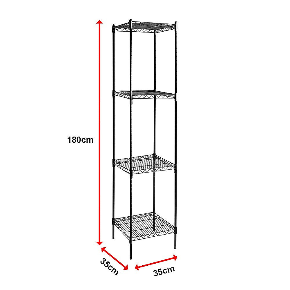 Black metal wire shelving rack with three shelves and size dimensions