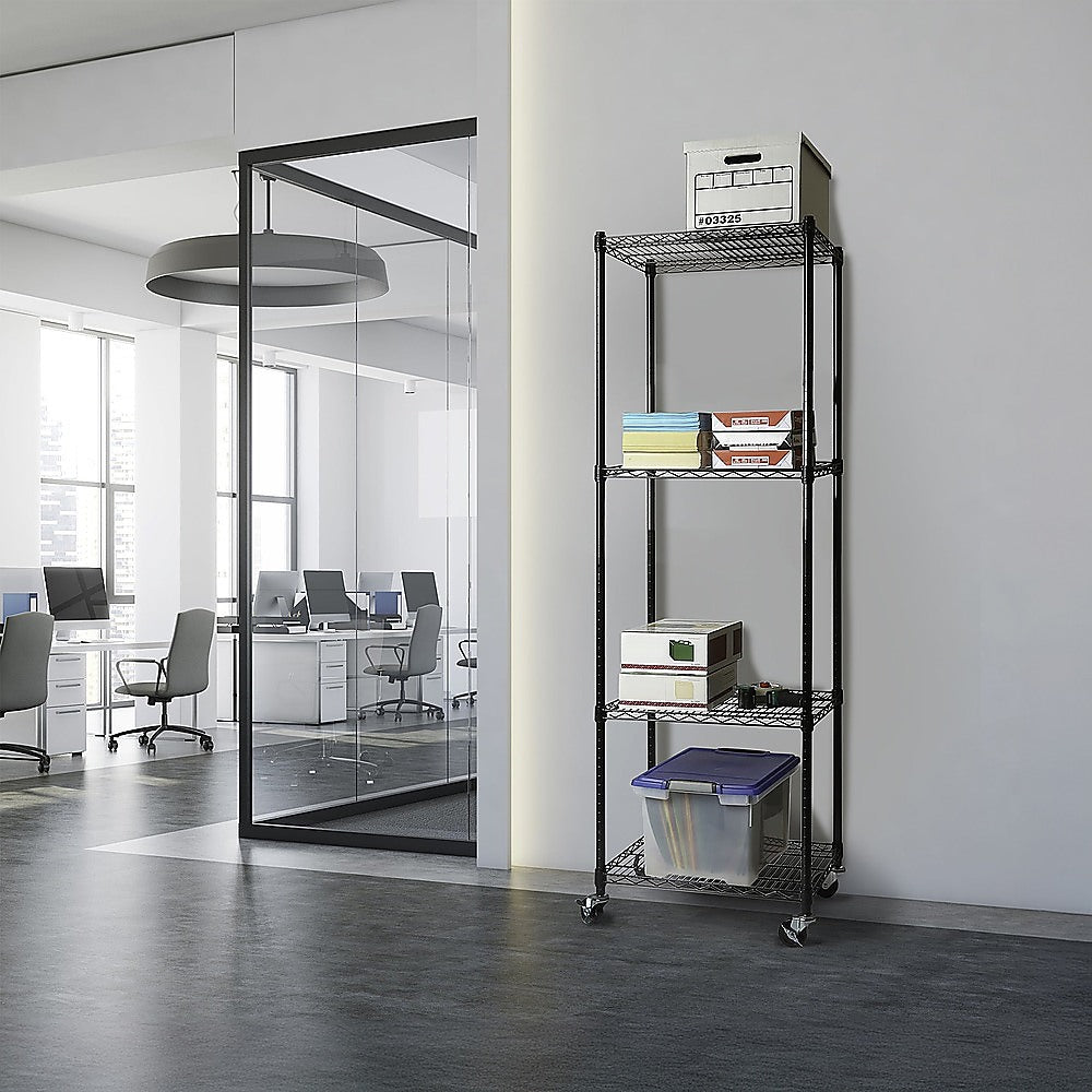 Black steel wire shelving unit on wheels with four shelves and stacked storage items