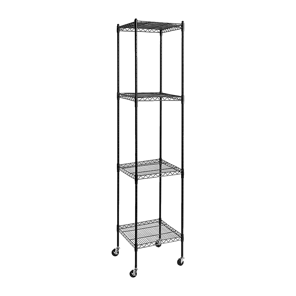 Black steel wire shelving unit with four wire shelves and four caster wheels
