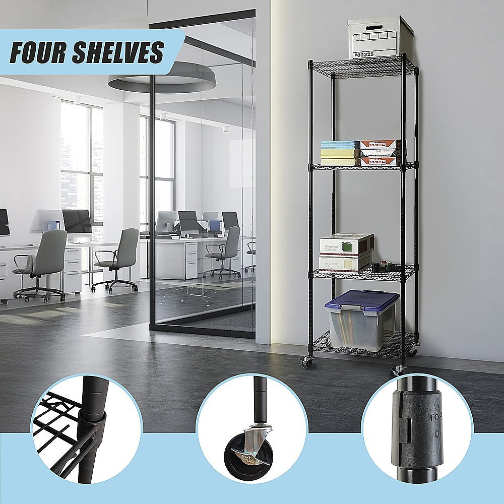 Black steel wire shelving unit on wheels with four shelves and product detail callouts