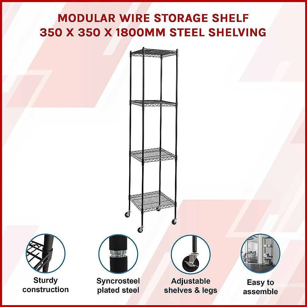 Black modular steel wire shelving rack with four shelves and caster wheels