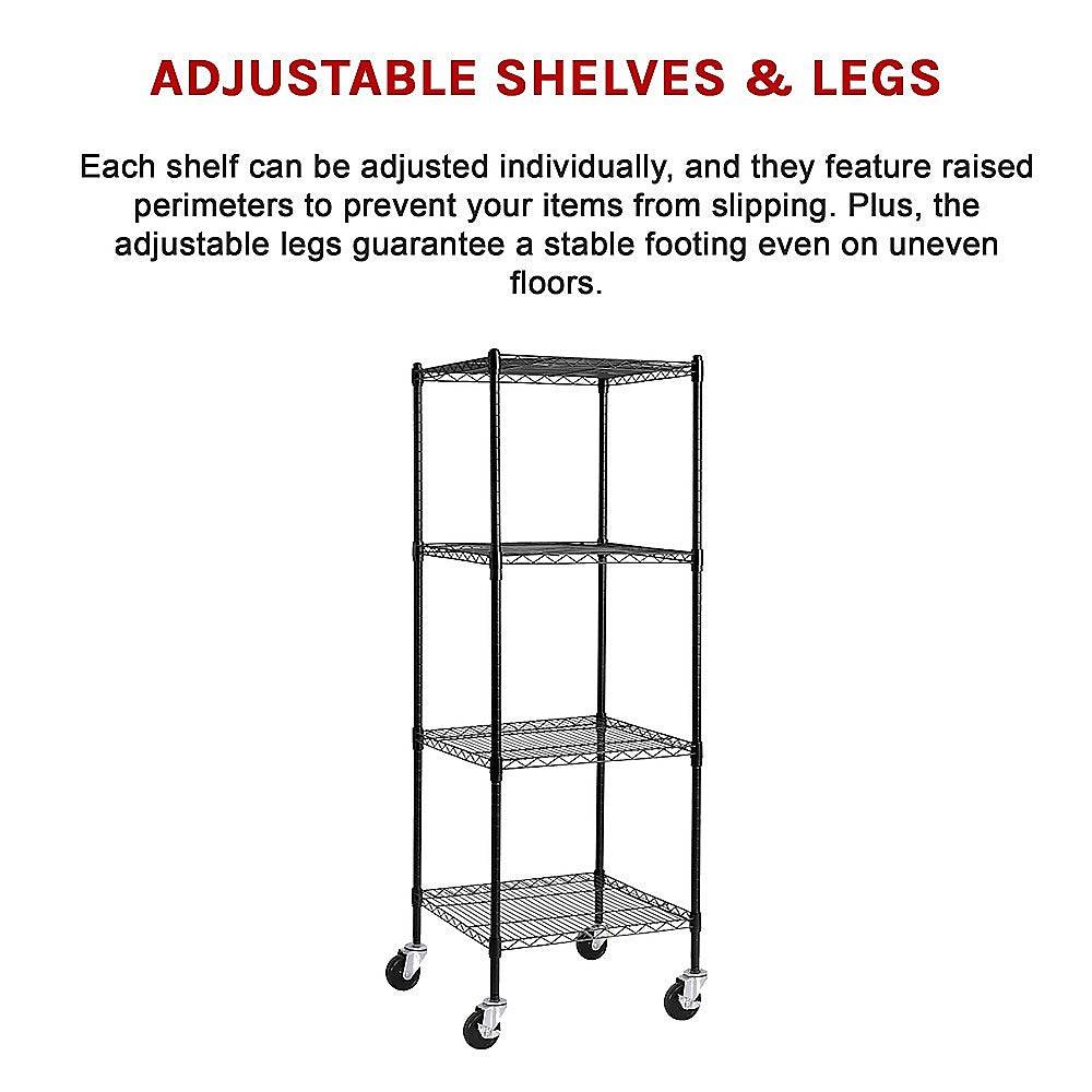 Black steel wire shelving unit with adjustable legs and four elevated wire shelves