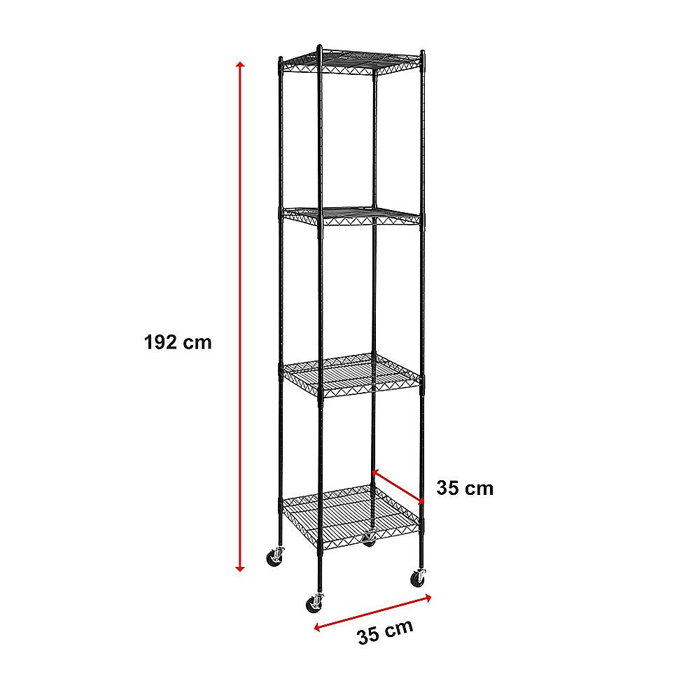 Black wire shelving rack on caster wheels with four wire shelves