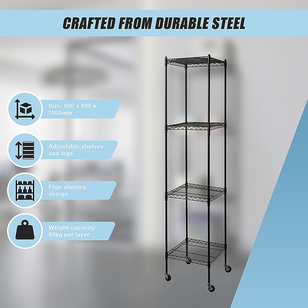 Black steel wire shelving rack with four shelves and caster wheels, sturdy frame