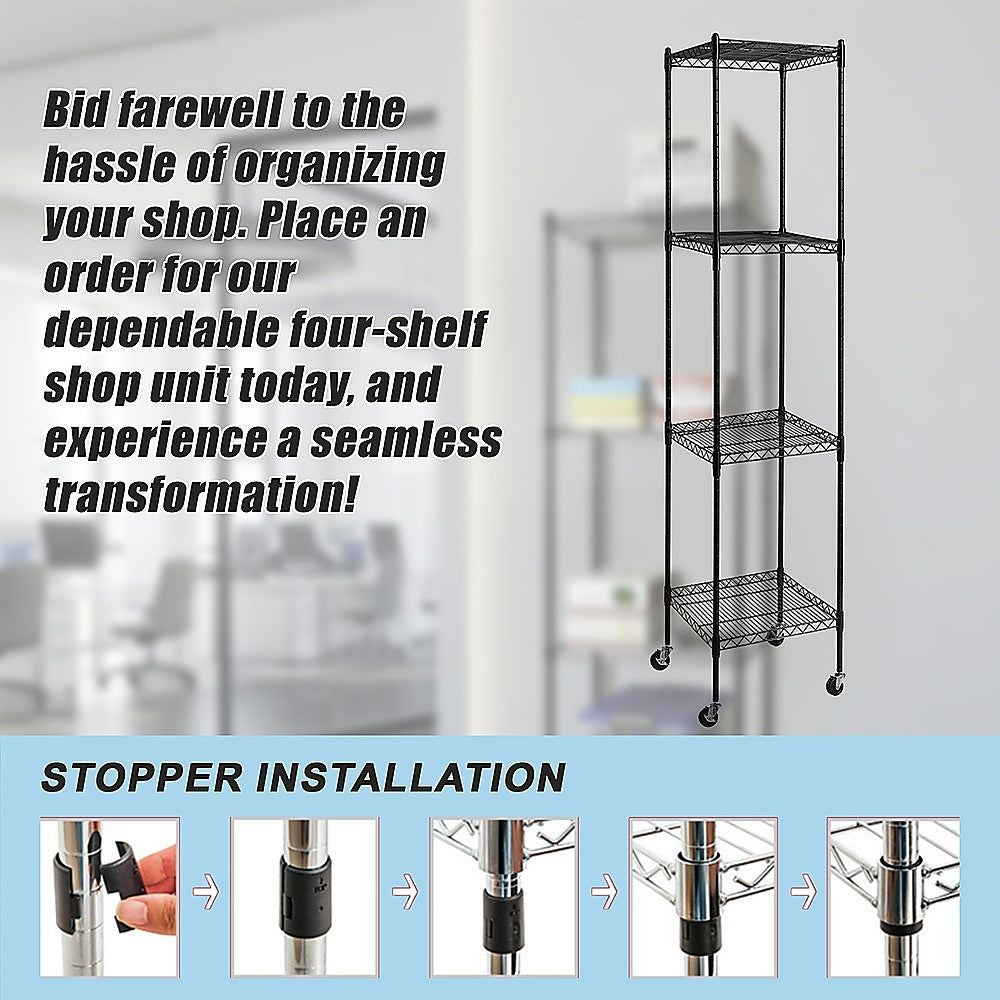 Black four-shelf shop storage unit on casters with wire side frame supports