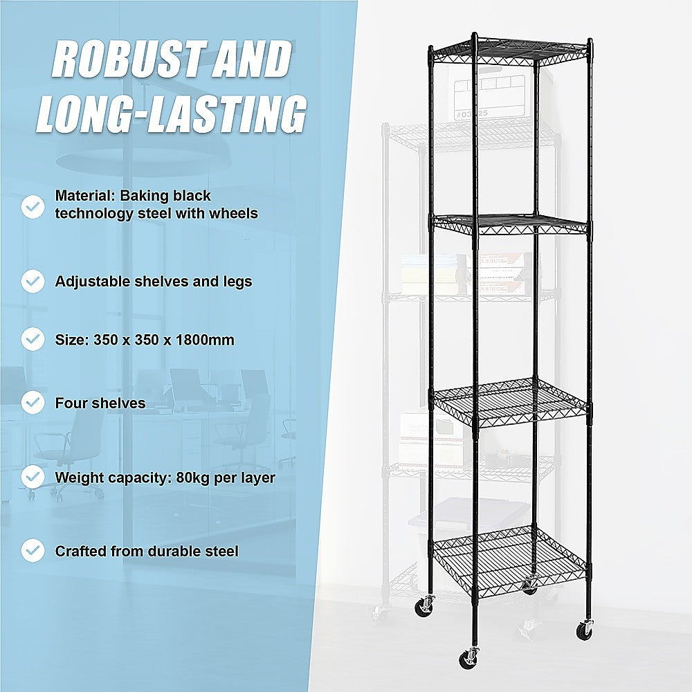 Black steel wire shelving unit with four shelves and rolling wheels