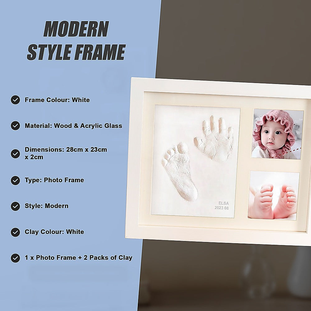 White modern photo frame with baby hand and foot clay prints and two photo panels