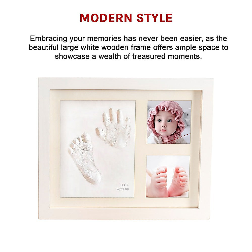 Modern style white photo frame with baby hand and foot clay prints and two inset photos