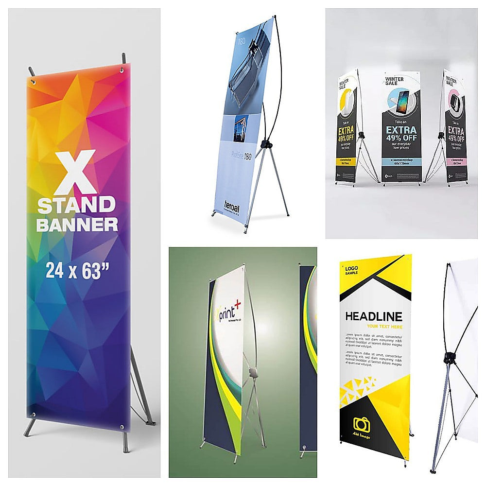 Portable X banner stand with printed banner panels and cross-brace legs